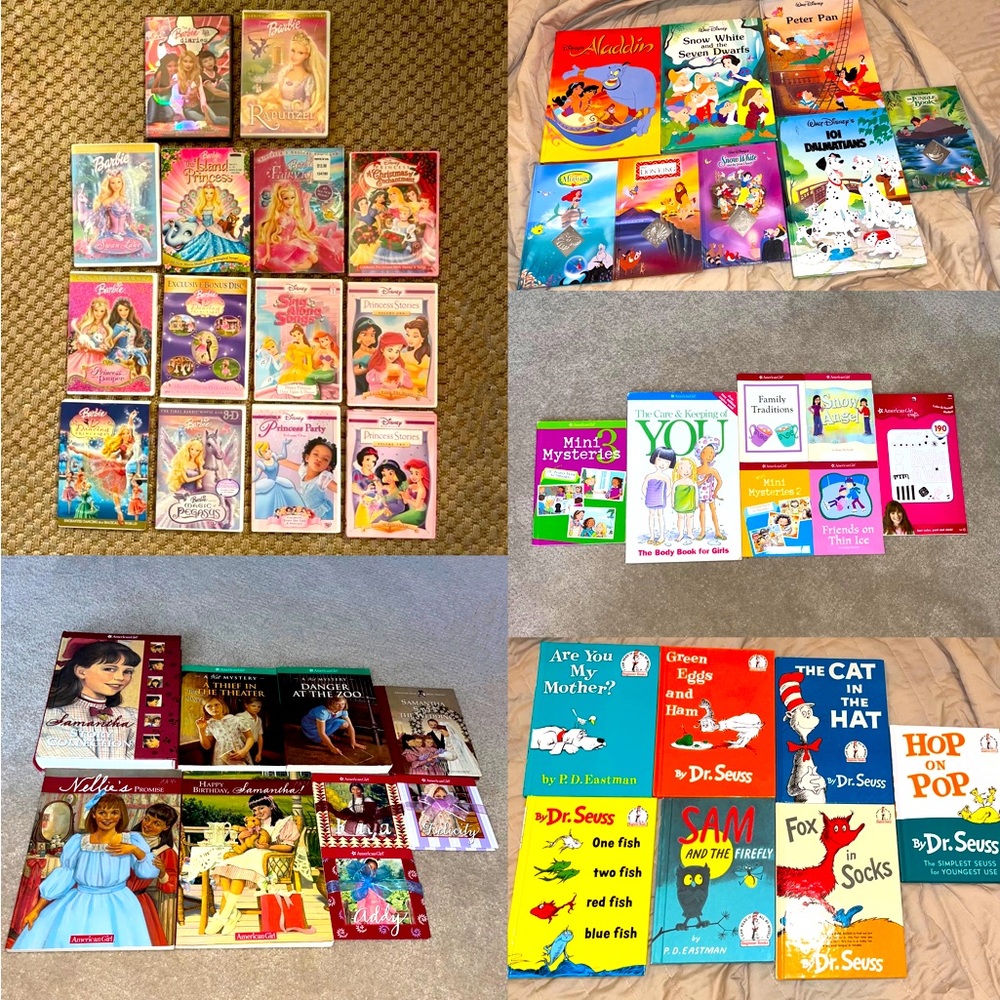 Lot of Disney, Barbie, Dr. Seuss and American Girl Books and Movies